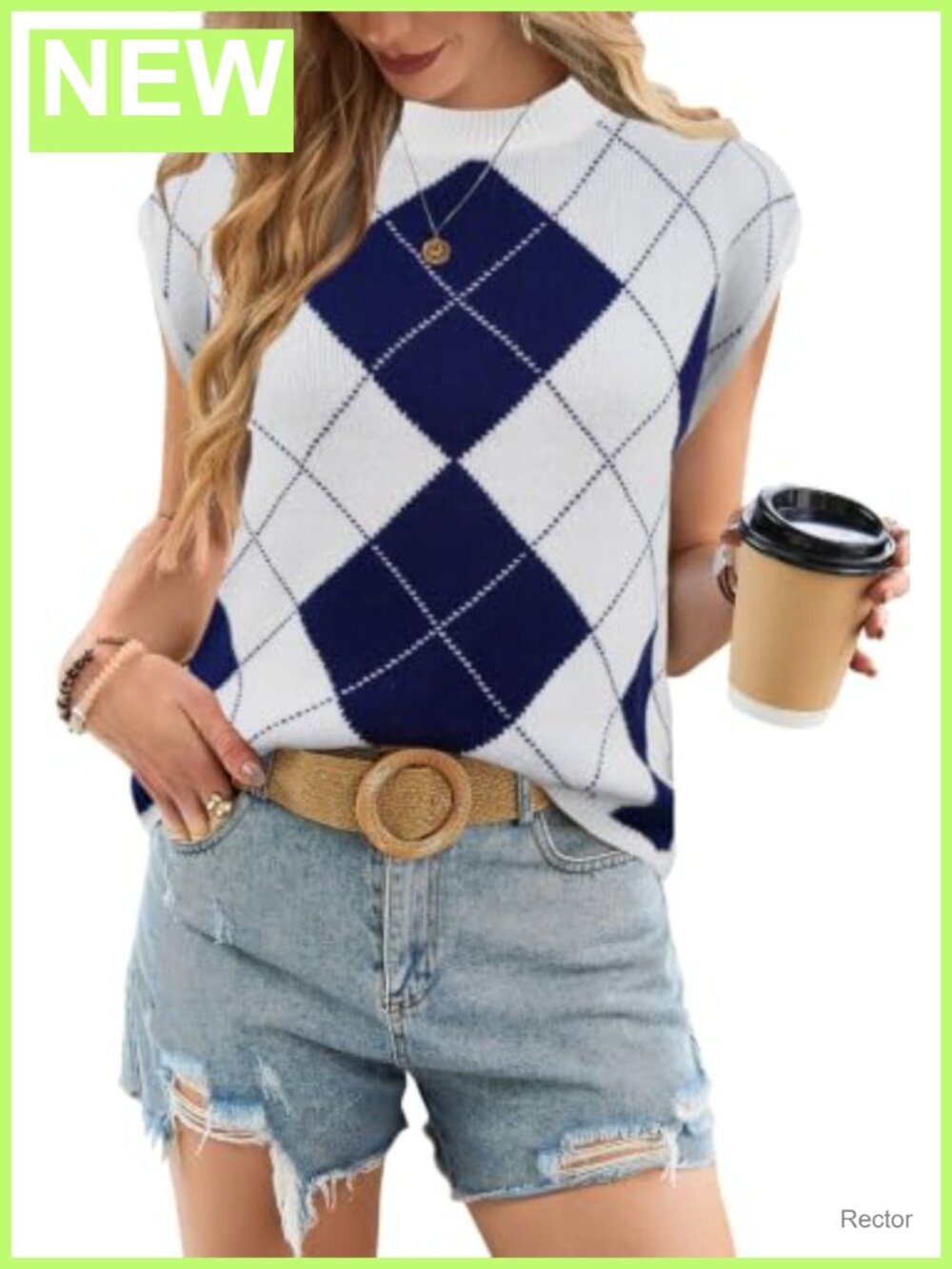 Women's Lightweight Knit Mock Neck Cap Sleeve Sweater Vest Argyle Pullover
